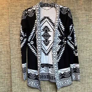 Pink Republic Black and White Tribal Pattern Open Cardigan Sweater bottom blend